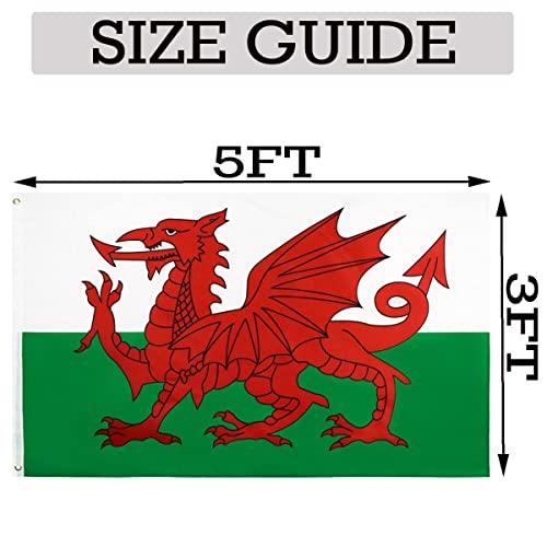 Large 5 x 3Ft Wales Flag Welsh Dragon Cymru National Flag Polyester Fabric Brass Eyelets for FIFA World Cup For Football Rugby Sports Supporter, Red,Green,White