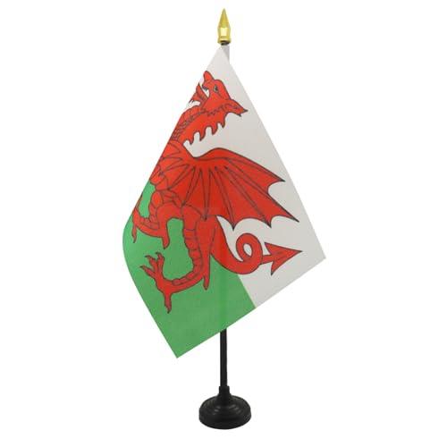 FLAG - Wales Table Flag 4'' x 6'' - Welsh Mini Desk Flag 100% Polyester 15 x 10 cm - Office Flag with 10'' Pole - Golden Spear