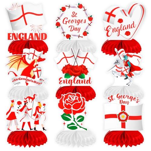 St Georges Day Decorations, 9pcs St. George's Day Party Honeycomb Centrepiece St Georges Flag Tudor Rose, St. George's Day Party Table Decorations England Party Supplies