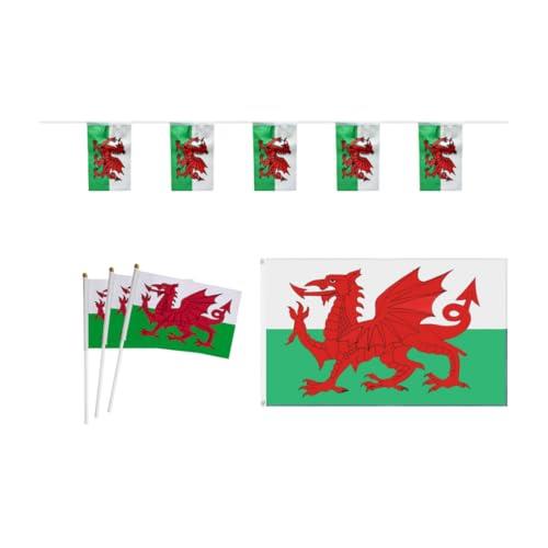 Welsh Flag Bundle for St. David’s Day Decoration – Welsh Flags on Sticks, Large Wales Flag & Bunting for Six Nations Rugby, Football Matches, Parades, Celebrations, Parties