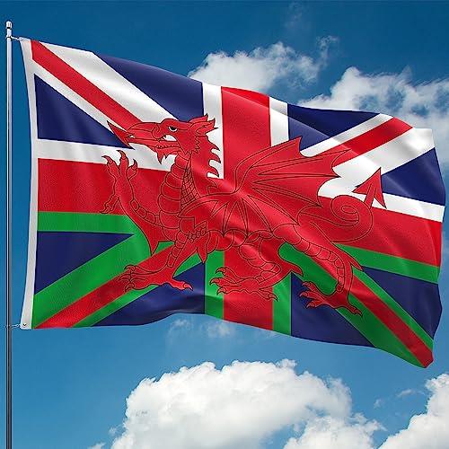 Welsh Flag with Union Jack - Wales Flag - Wales Dragon - Double-sided Digital Print - 110Den Thick polyester - Double Seam - 2 brass eyelets, large 5ft x 3ft