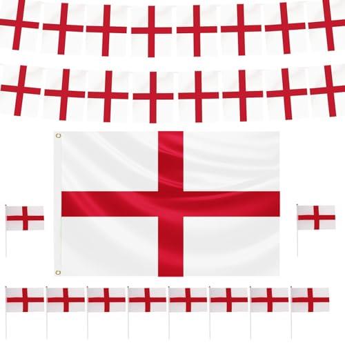 St Georges Day Decorations Set, England Flag 1.5x0.9m, 10 Pcs Handheld Small Flags and Total Length 5m England Bunting for St Georges Day Accessories